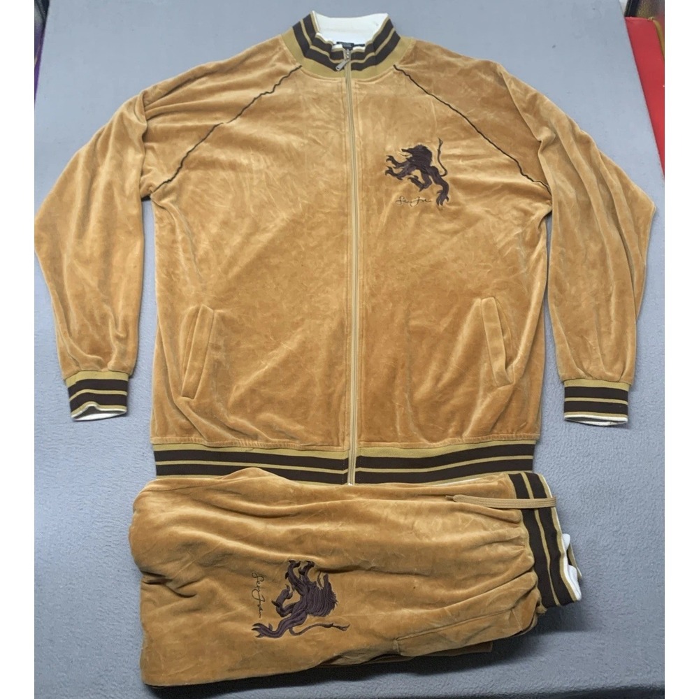 VTG Sean John Velour Tracksuit Set Mens 2XL Mustard Yellow Gold Lion Crest Y2K